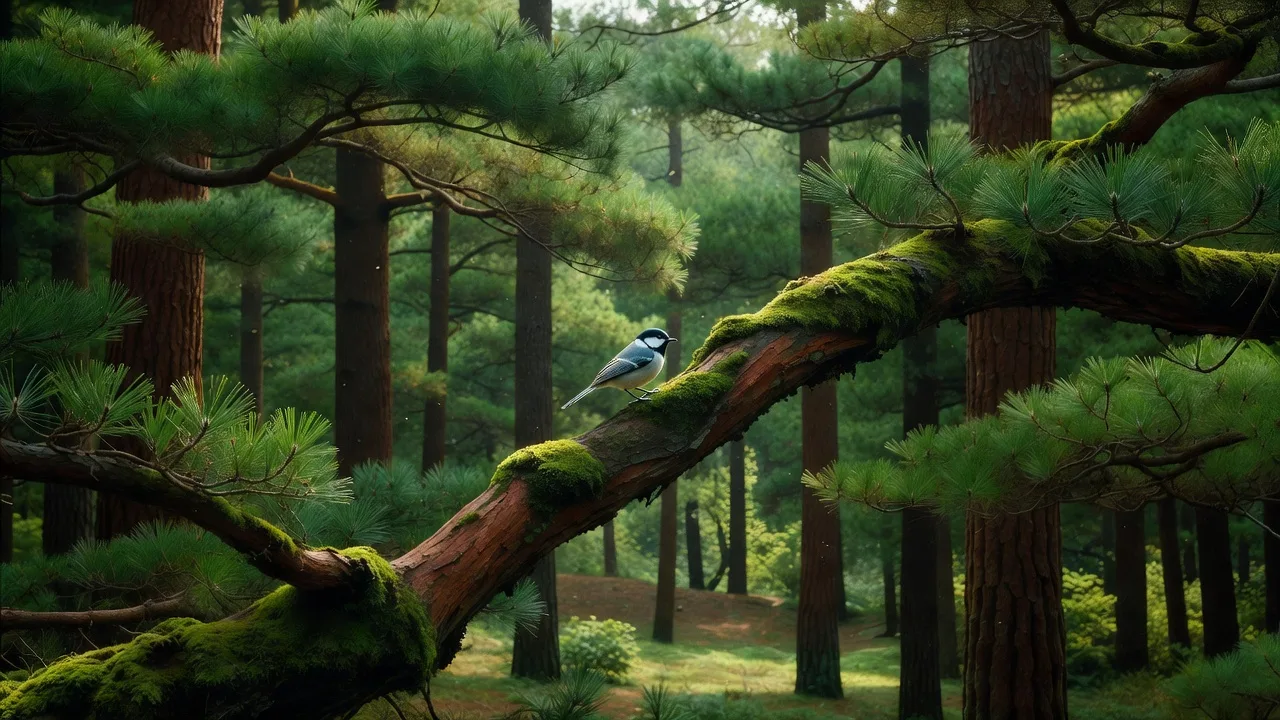 Wild bird resting on a pine branch