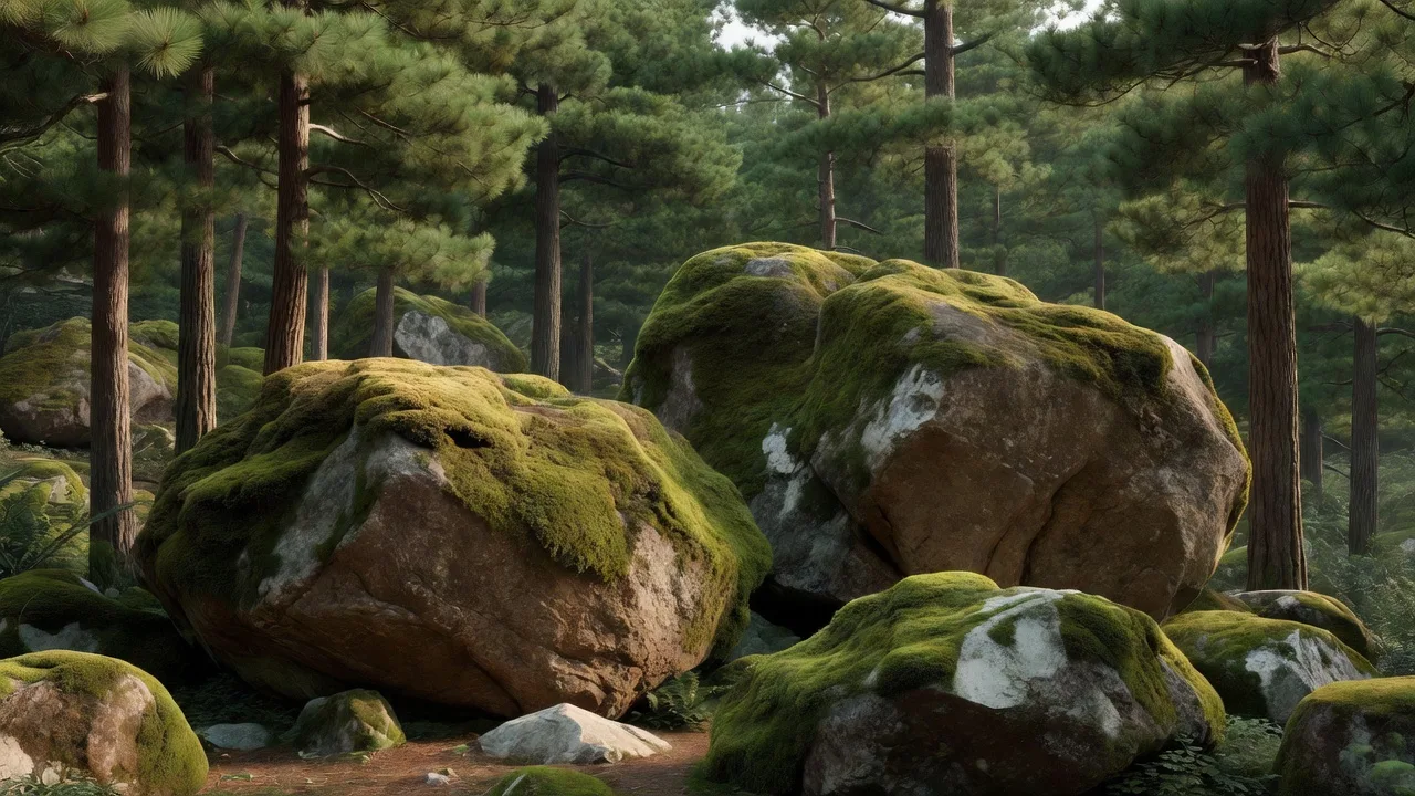 Moss-covered boulders among pine trees