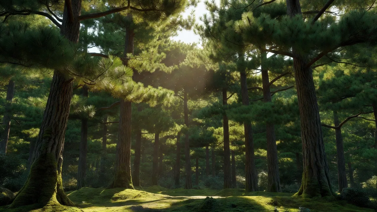 Sunlight beams through pine canopy