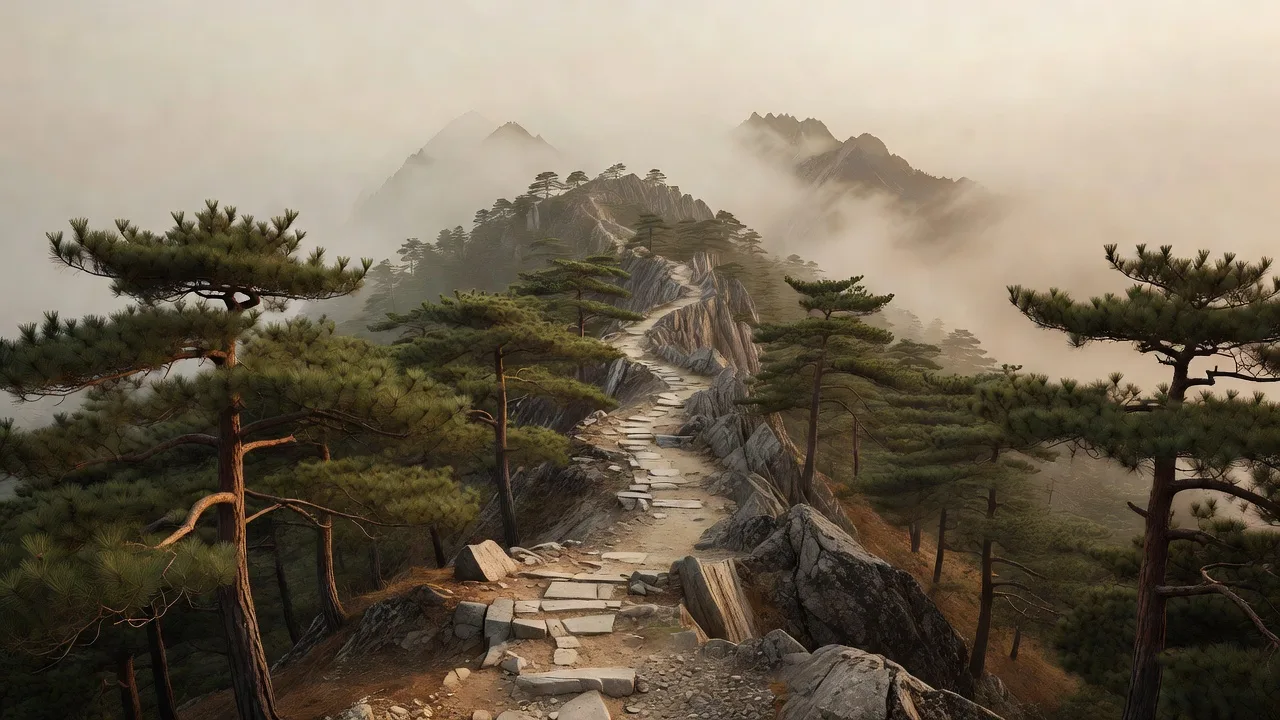 Rocky crest trail through pines and mist