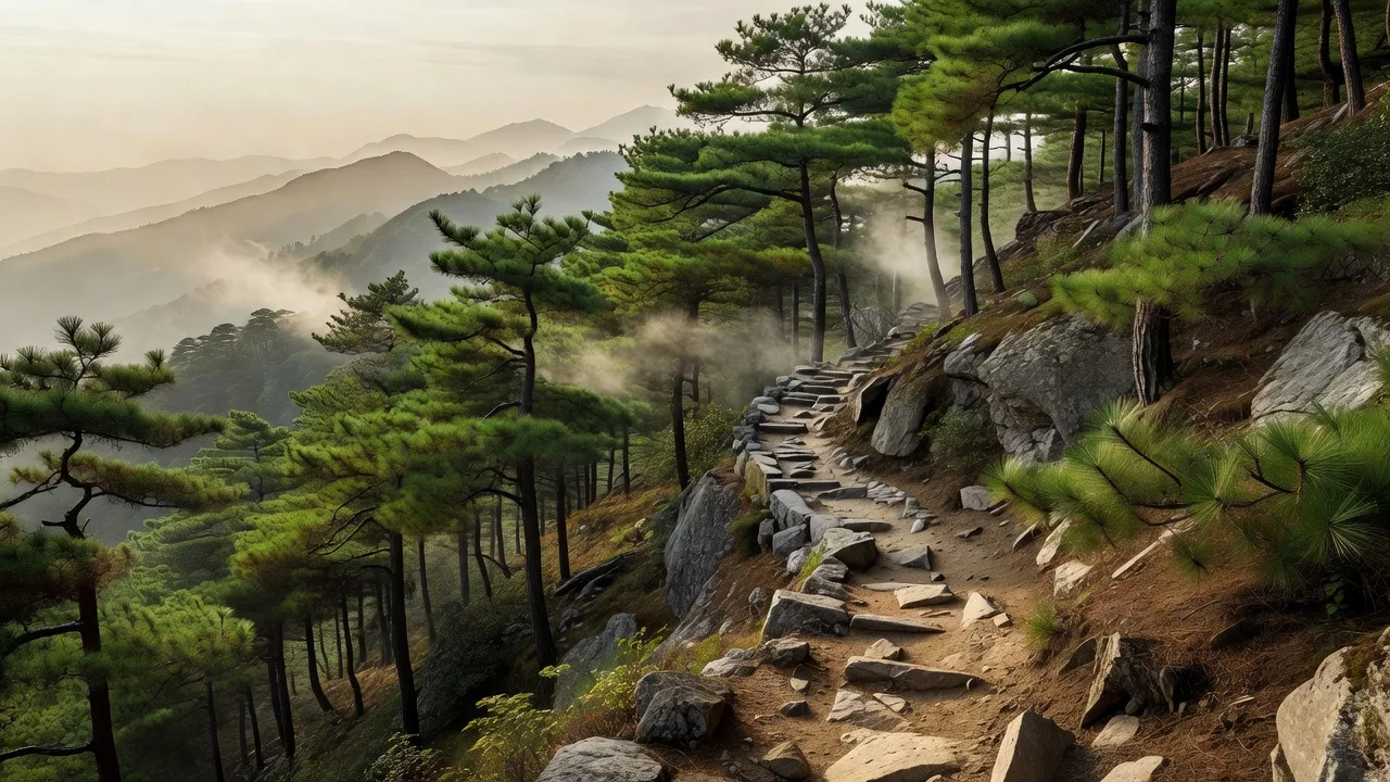 Steep pine trail on a mountain ascent