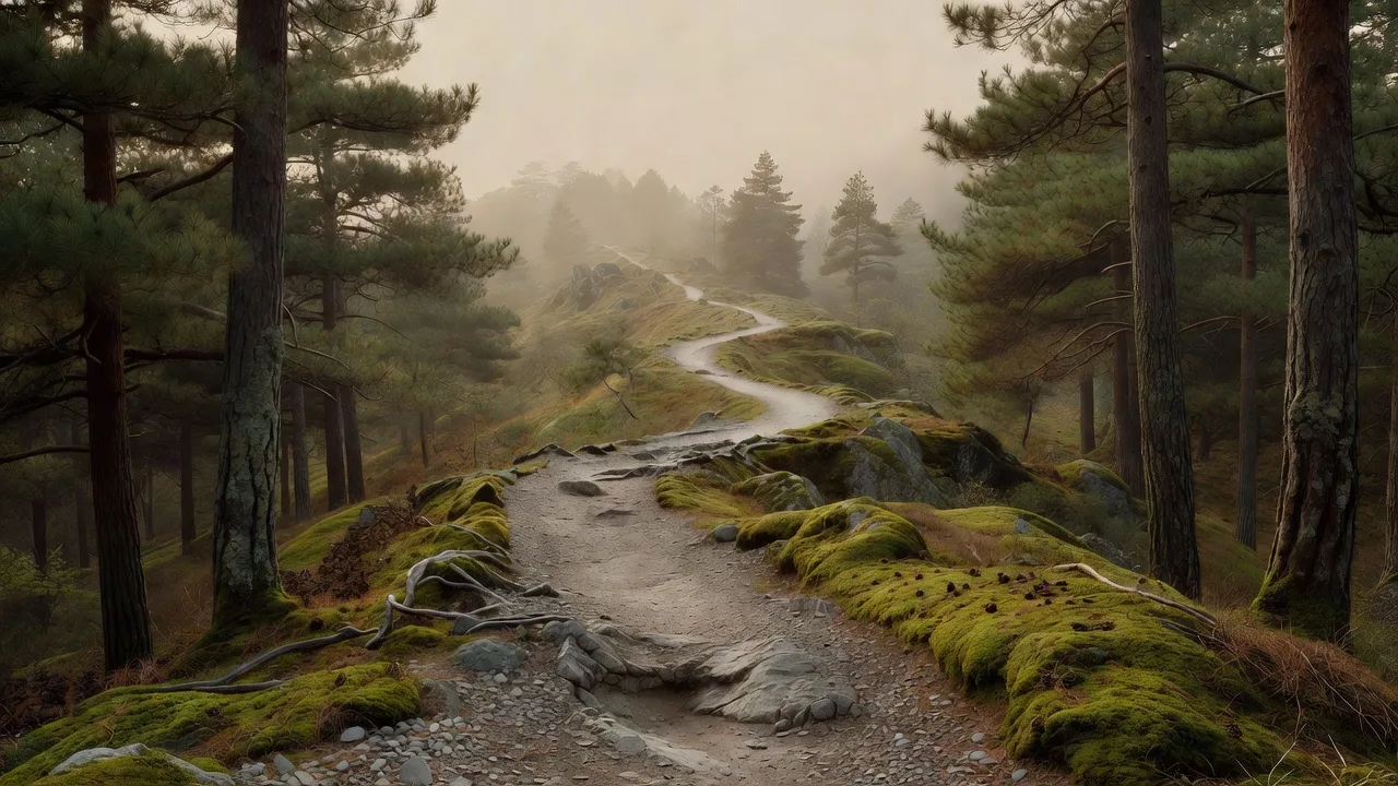 Winding ridge trail through pines