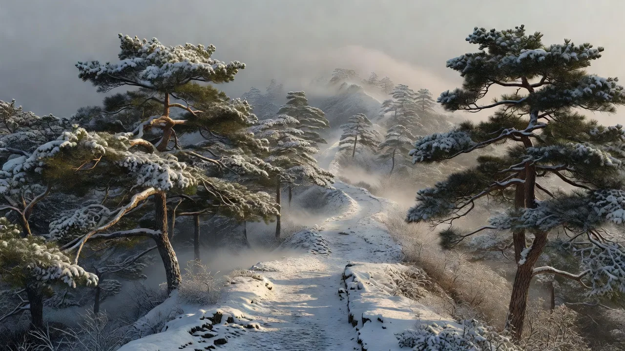 Snow covered pine ridge in winter